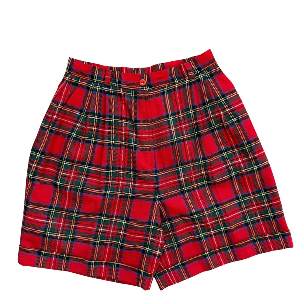 Aljean Vintage Red Tartan Plaid Wool Shorts High Waisted Pleated Cuffed Size 8